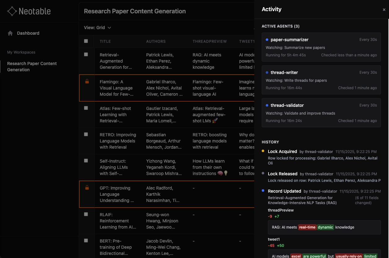 Row locks in action showing a locked row in the workspace UI