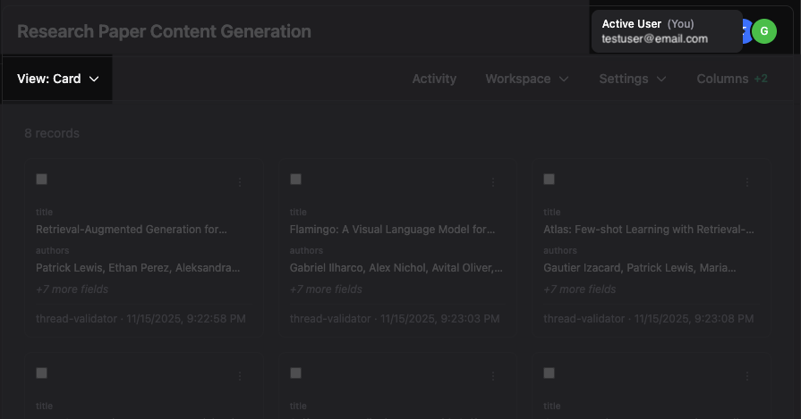 Workspace UI showing grid view with real-time collaboration