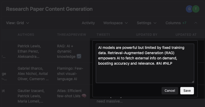 Workspace UI showing different view options and activity panel